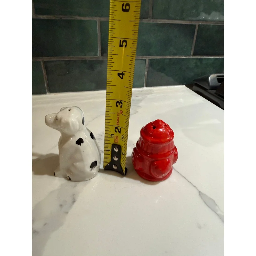 Vintage Dalmatian Dog and Red Fire Hydrant Ceramic Salt and Pepper Shaker Set